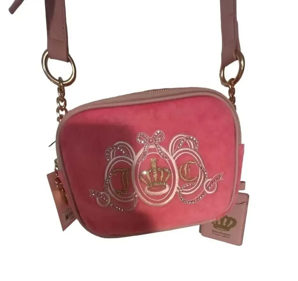 Juicy Couture Lovers Club Camera Crossbody Pink Velour Purse with Card Holder